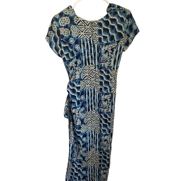 American Vintage Maggie Lawrence 100% Rayon Blue Aztec Midi Dress Sz Small - Picture 2 of 6